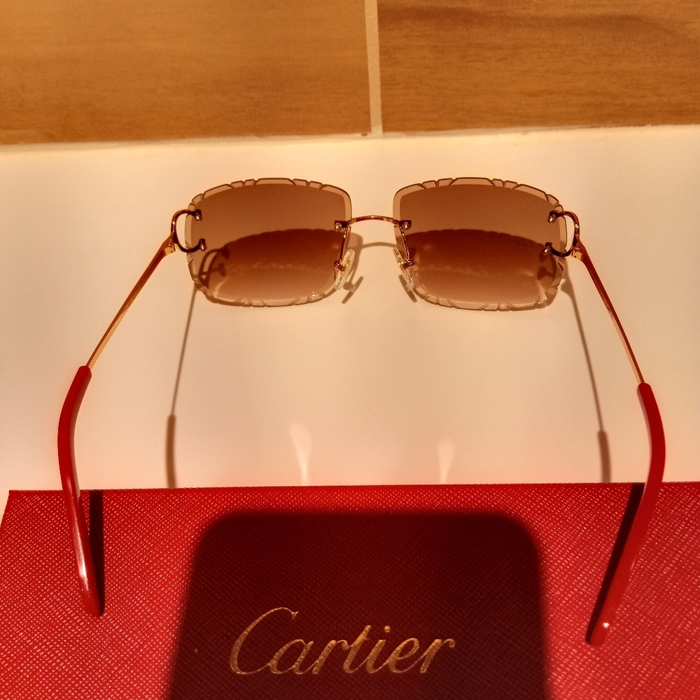 Cartier C decor Brown Hazel Coffee Tint Gold Wire Cut Lens Rimless Glasses